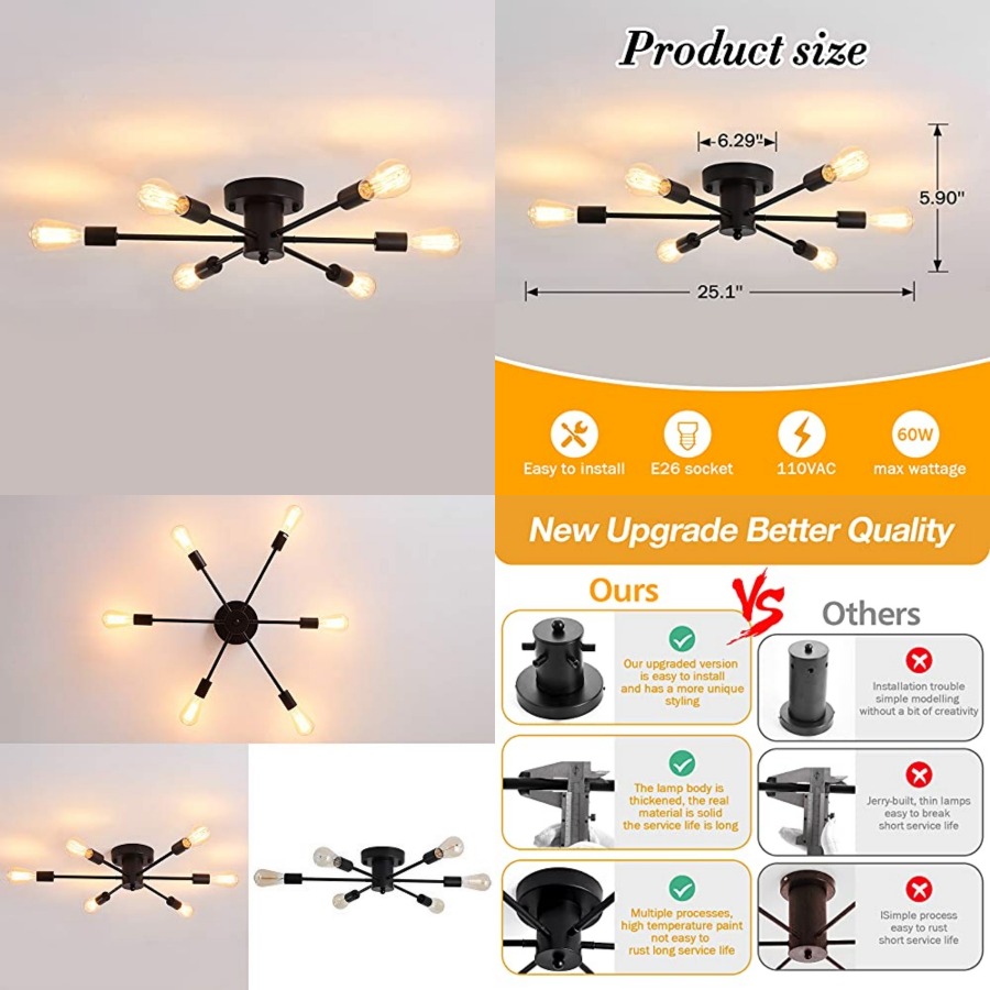 6 Lights Sputnik Semi Flush Mo - Farming A review and price